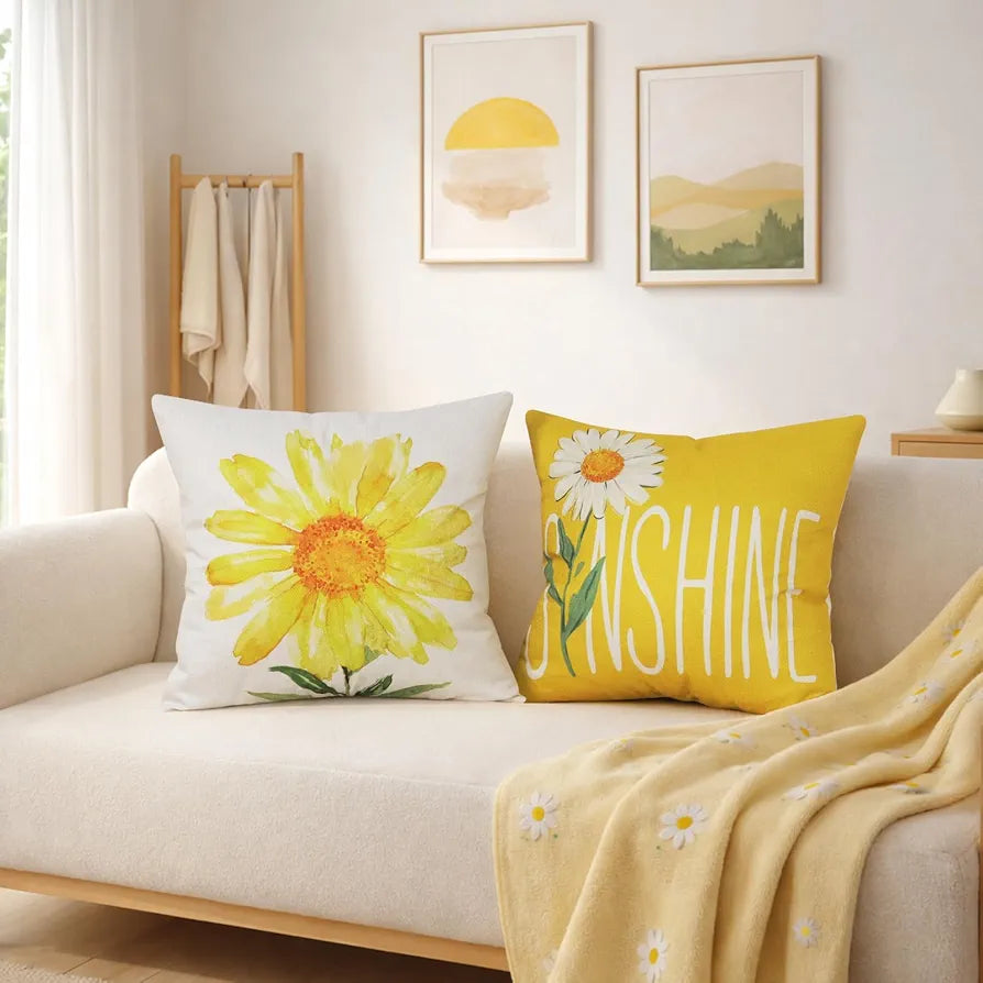 Yellow Daisy Sunflower Throw Pillow Covers 18x18 Set of 4