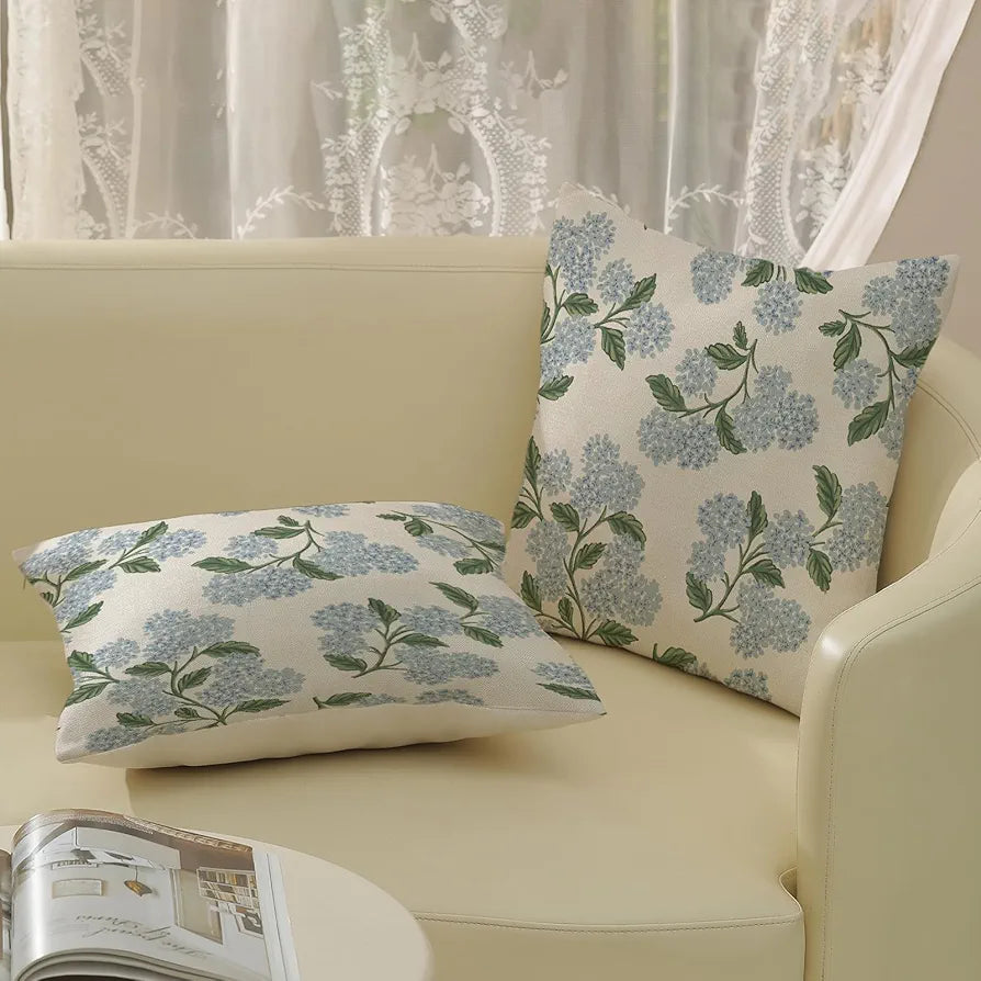 Hydrangea Floral Throw Pillow Covers 18x18 Inch 2-Pack